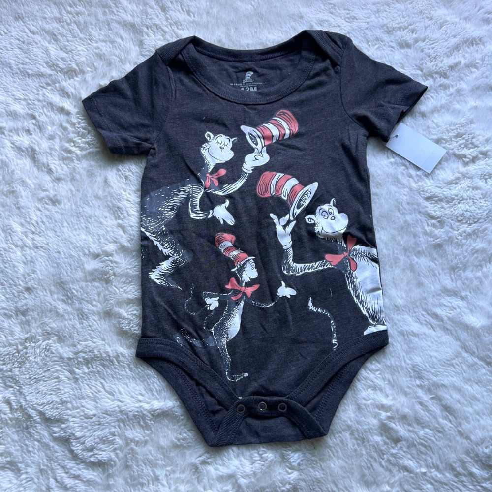Dr Seuss Cat in the Hat Baby Bodysuit Charcoal Gray Graphic 12M RN117508 NEW
